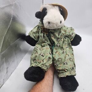Vintage Joelson Industries Cow Plush Stuffed Animal Toy Medium Green Straw Hat